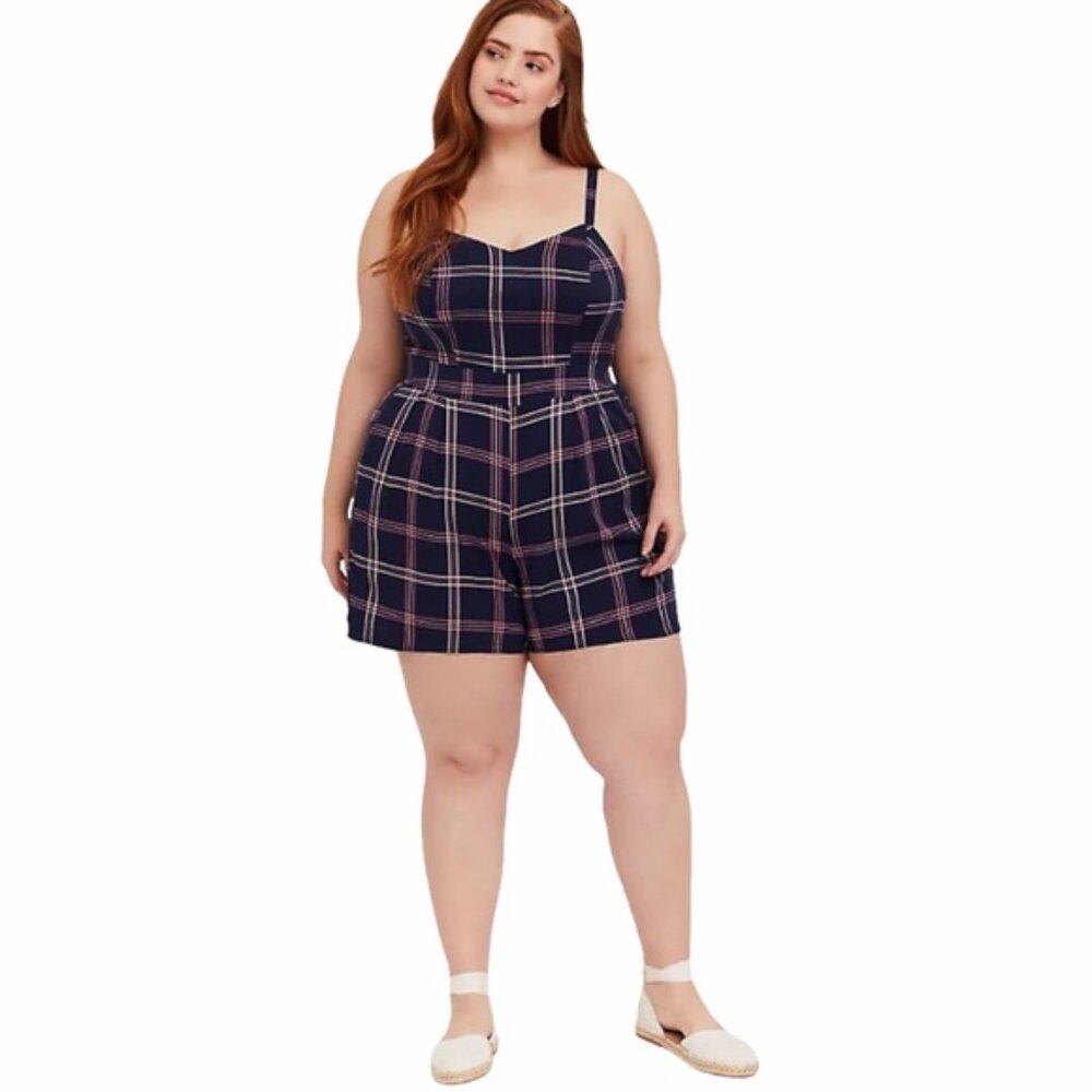 Torrid NAVY PLAID CHALLIS ROMPER Plaid Pink White sz 1  1x 16-18